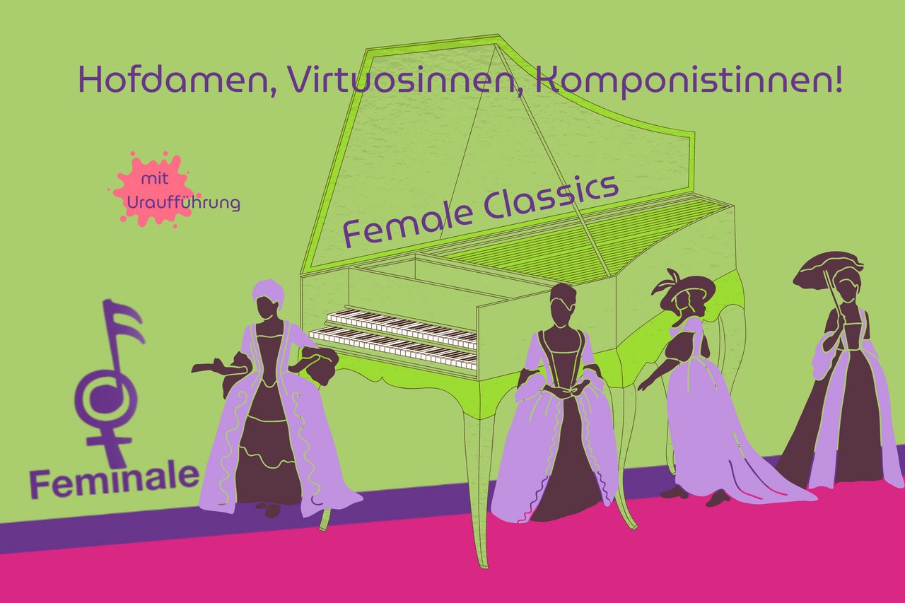 Logo der Feminale mit Illustrationen von Komponistinnen und einem Cembalo