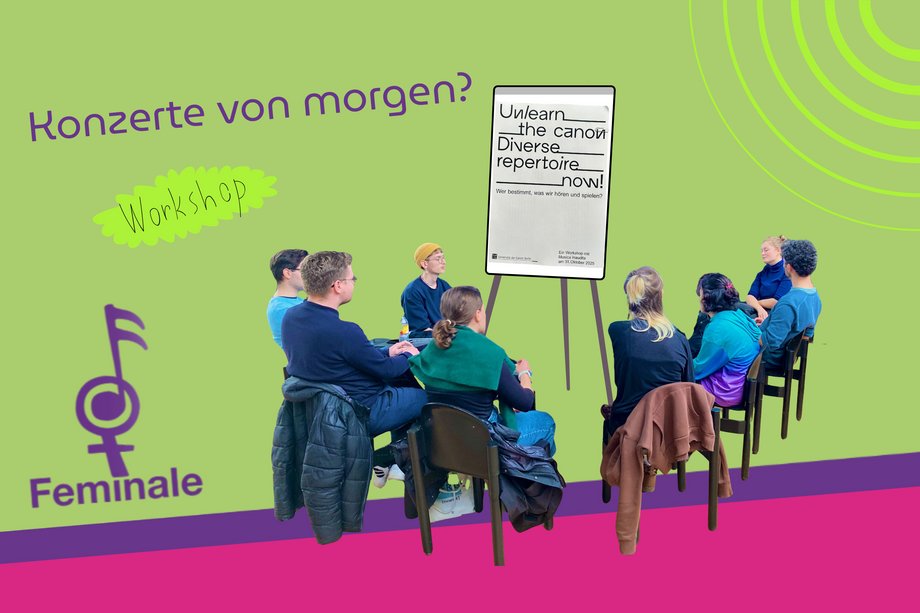 Logo der Feminale mit Bild von Personen in einem Stuhlkreis