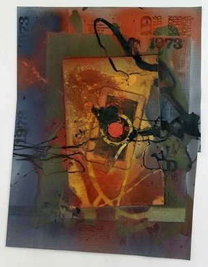 Abstract picture with many colors, strokes, patterns. Red dot in the center