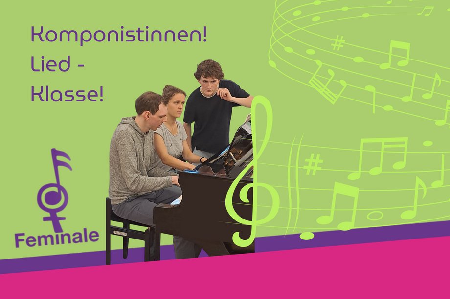 Logo der Feminale mit Bild von Mitwirkenden der Liedklasse