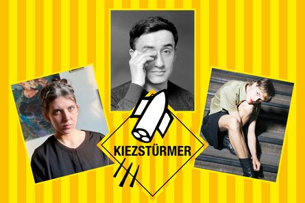 Collage von Künstlerporträts auf gelb orange gestreiftem Hintergrund