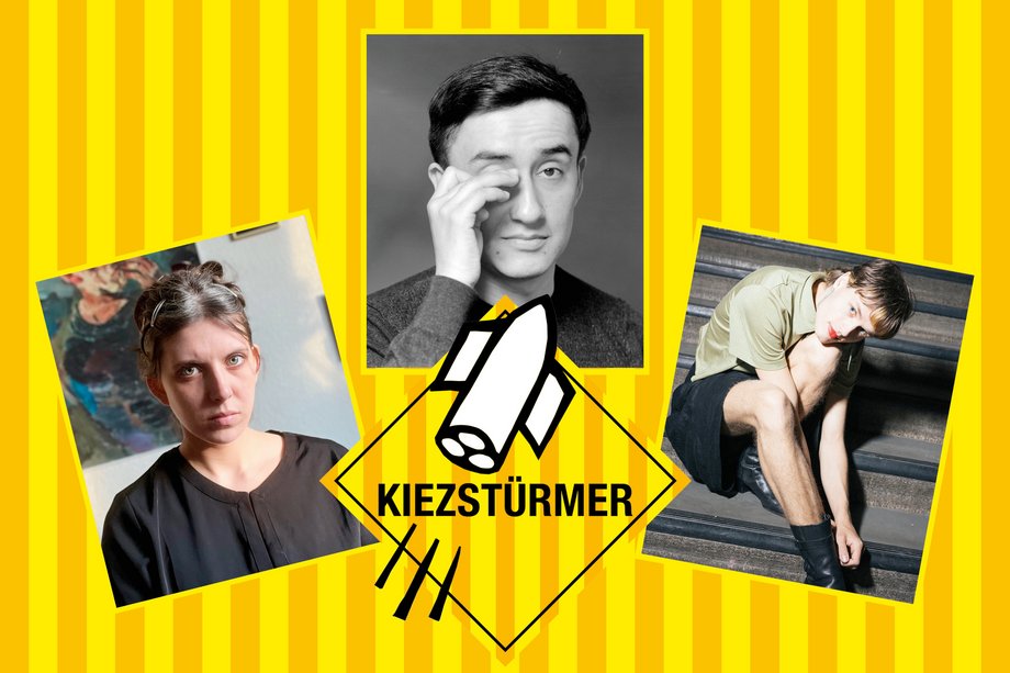 Collage von Künstlerporträts auf gelb orange gestreiftem Hintergrund