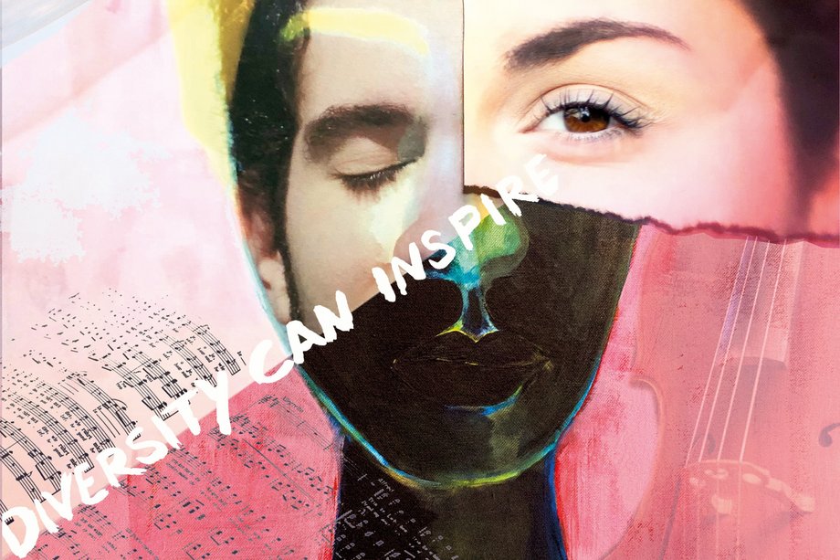 Face combined from one third each of women's photo, men's photo, painting