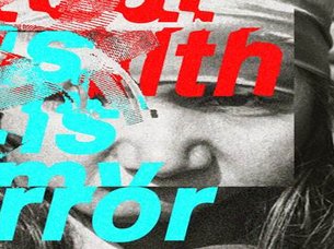 A face, concealed by the project title