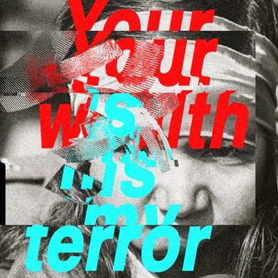 A face, concealed by the project title