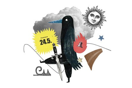 Collage: Vogel mit Schwert, Wolke, Sonne, Panflöte, Glocke, Wellenillustration